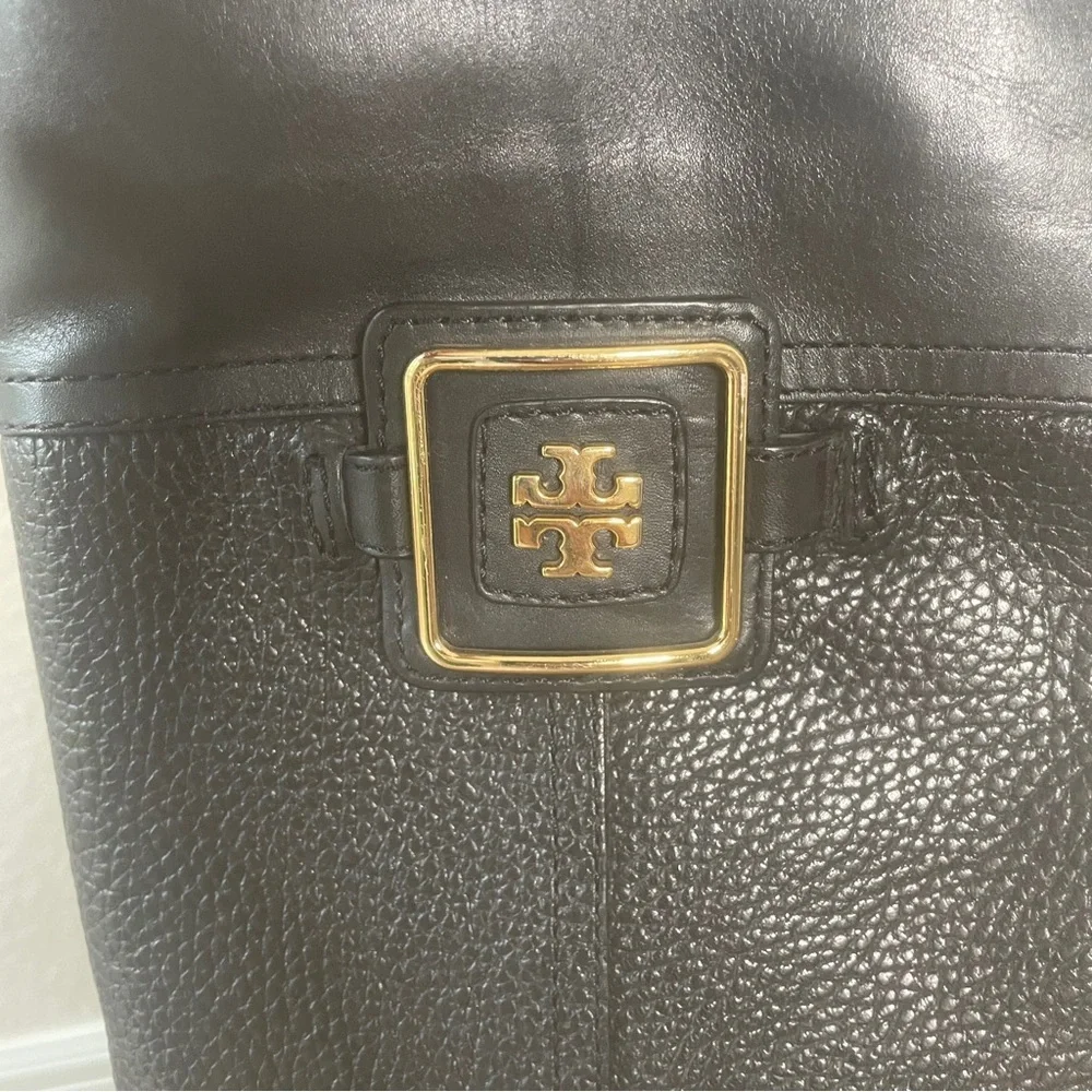 Tory Burch black grained leather riding boots zip up knee high boots vintage